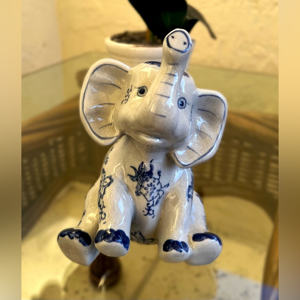 Vintage Formalities Baum Bros Crackle Sitting Elephant Gray & Blue Ceramic